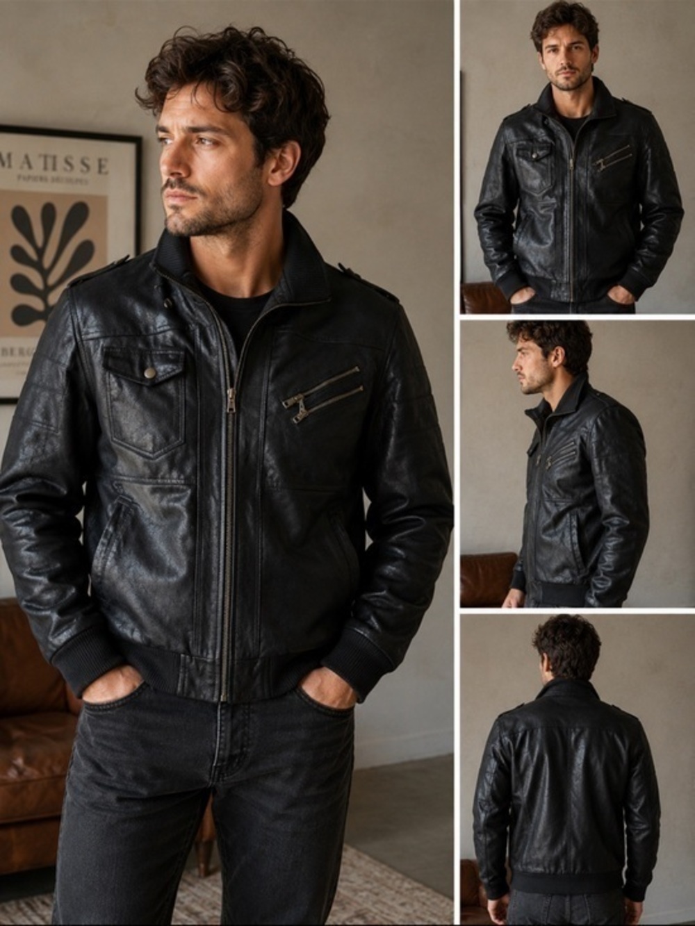 FLAVOR Genuine Pig Leather Bomber Jacket Black Zip Front Moto Coat Men’s Large